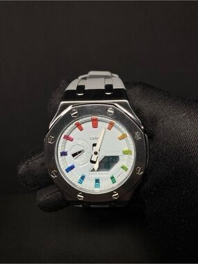 Custom G Shock Silver with White and Rainbow Markers Model GMA2100